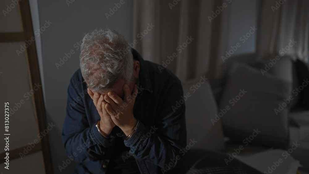 Obraz premium Despondent handcuffed senior man contemplates legal documents in a dimly lit room, portraying distress and legal trouble.