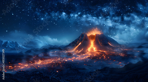 Active Volcano Erupting in the Night Sky with Lava Flow Surreal Landscape Photography Capturing the Power of Nature and Beauty of the Stars Dramatic Volcanic Scene in the Dark 