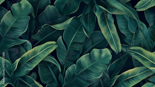A seamless pattern of dark green banana leaves against a glamorous night background offers a vintage and luxurious feel for highend wallpaper photo