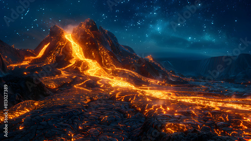 Photo realistic image of an active volcano under a starry night sky with a trail of lava illuminating the darkness   Active Volcano Night Sky Concept © Gohgah