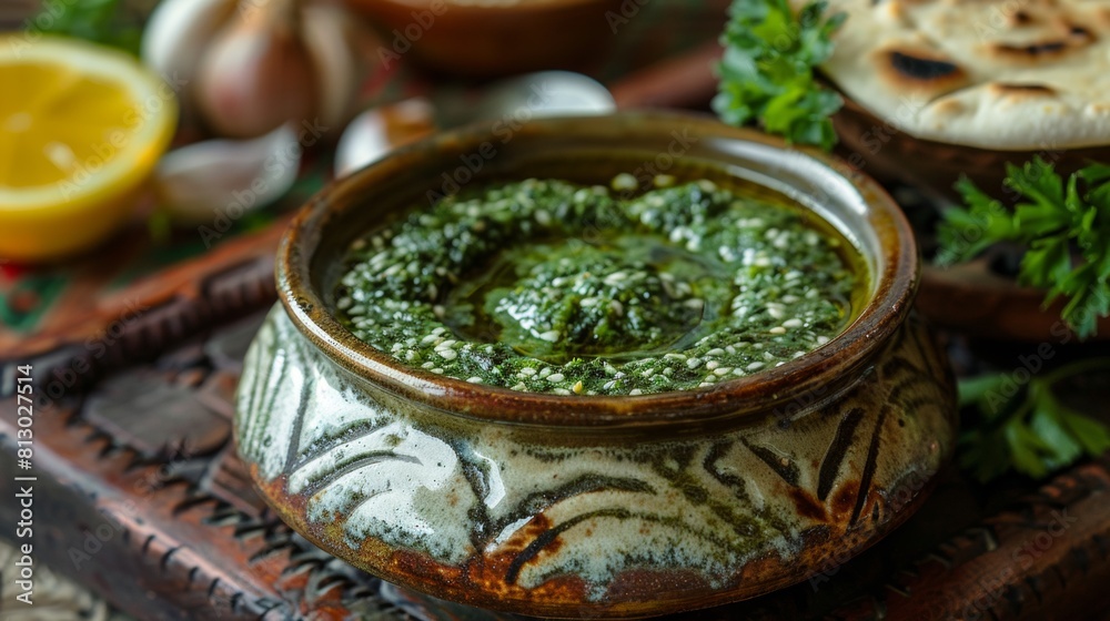 The cuisine of Yemen. Yemeni sugar. The sauce is green. Green hot pepper, coriander, ground chilba, coriander seeds, Garlic, Olive oil, Lemon juice, Ground black pepper. The cuisine of Yemen. Yemeni sugar. The sauce is green. Green hot pepper, coriander, ground chilba, coriander seeds, Garlic, Olive oil, Lemon juice, Ground black pepper.