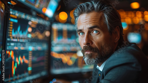 A successful trader sits behind monitors and controls trading charts on a crypto exchange.