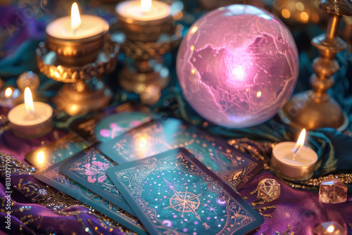 Spread of tarot cards flank a glowing pink crystal ball. Two lit candles illuminate the cards and cast an ethereal glow on the purple and gold table.