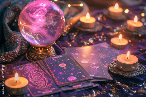 Tarot cards with celestial symbols, lie open on a mystical purple and gold table with pink crystal ball
