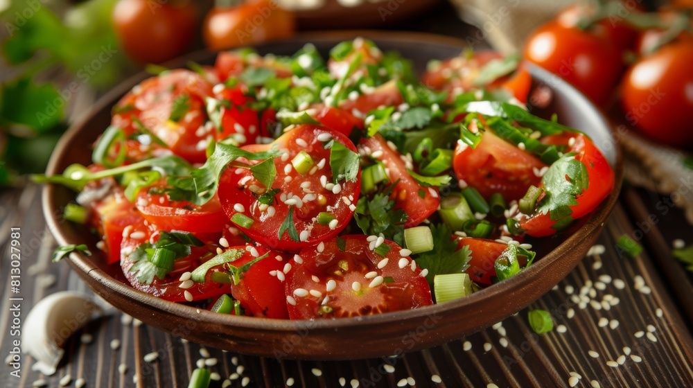 The cuisine of Yemen. Yemeni spicy tomato salad with hot green pepper, garlic, green onion, coriander. The cuisine of Yemen. Yemeni spicy tomato salad with hot green pepper, garlic, green onion, coriander.