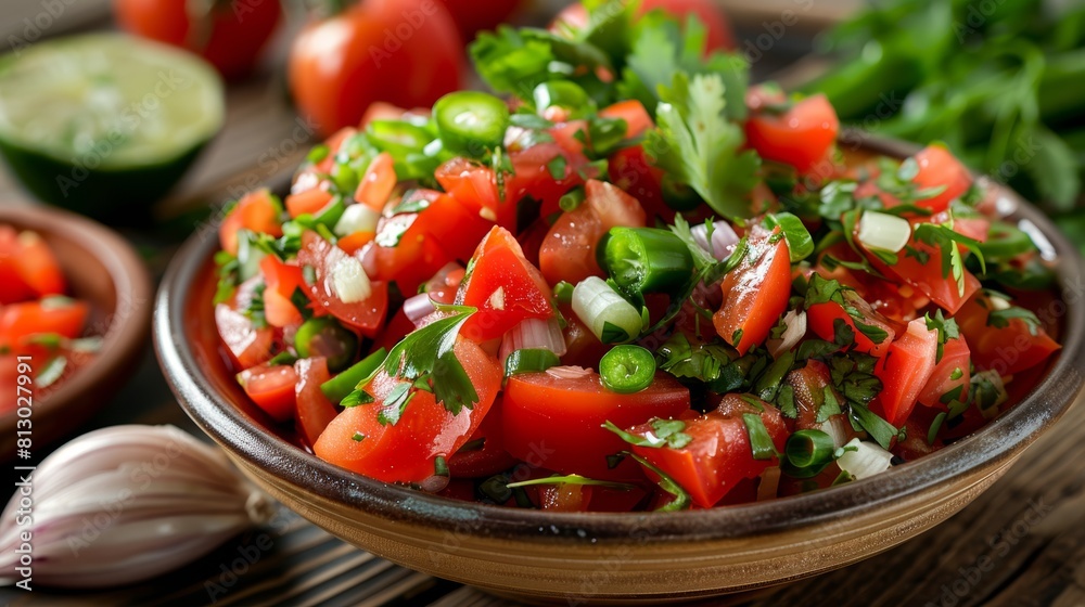 The cuisine of Yemen. Yemeni spicy tomato salad with hot green pepper, garlic, green onion, coriander. The cuisine of Yemen. Yemeni spicy tomato salad with hot green pepper, garlic, green onion, coriander.