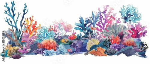 Fototapeta Naklejka Na Ścianę i Meble -  A set of watercolor of a vibrant coral reef, teeming with diverse marine life, Clipart isolated concept minimal with white background