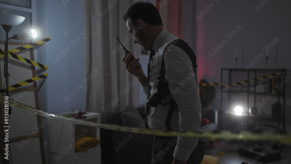 Middle-aged man investigates a crime scene indoors, using radio, with caution tape in the foreground. Middle-aged man investigates a crime scene indoors, using radio, with caution tape in the foreground.