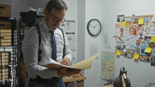 Mature bearded man in office scrutinizing documents with evidence board in background hinting at a detective theme.