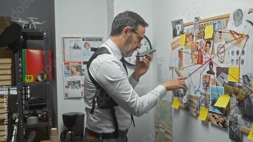 Fotografie A middle-aged man analyzing evidence on a pinboard in an indoor detective office setting