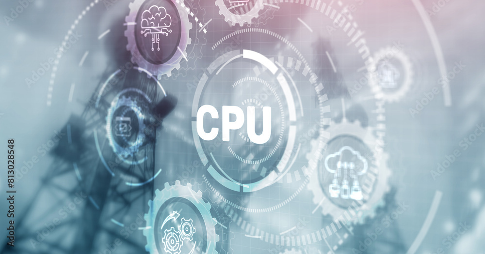 Fototapeta premium CPU Icon. Digital binary data on microchip with glow circuit board background