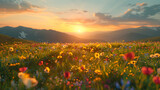 Golden Hour Serenity: Alpine Meadows at Dusk   Stunning photo realistic scene as the sun sets over Alpine meadows, casting a warm golden glow for tranquil evening walks. Ideal for 
