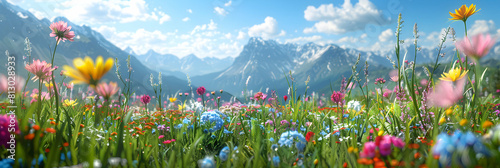 Photo Realistic Alpine Meadows in Full Bloom with Carpet of Wildflowers Captivating Scene for Nature Enthusiasts and Photographers