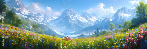 Vibrant Alpine Meadows Picnic: Families Enjoying Panoramic Mountain Views and Wildflowers