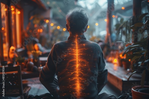 Man sitting in a café with a digital overlay of a glowing spine illustrating back health or pain