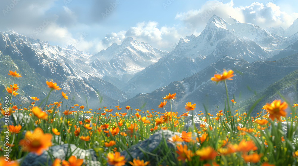 Vibrant Alpine Wildflowers in Full Bloom: Photo Realistic Image Featuring Bright Blossoms Against Majestic Mountain Range