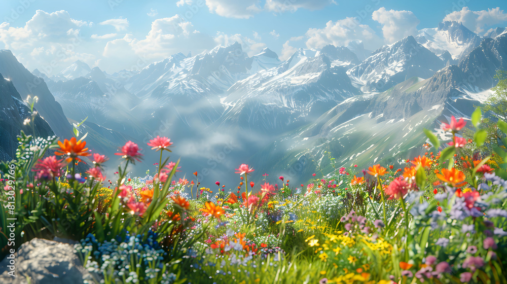 Vibrant Alpine Wildflowers Bloom against Rugged Mountains for Stunning Contrast in Realistic Photo Stock Concept
