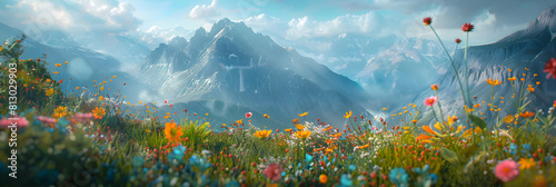 Vivid Alpine Wildflowers in Full Bloom: A Stunning Contrast With Rugged Mountains in the Background   Photo Realistic Stock Concept photo