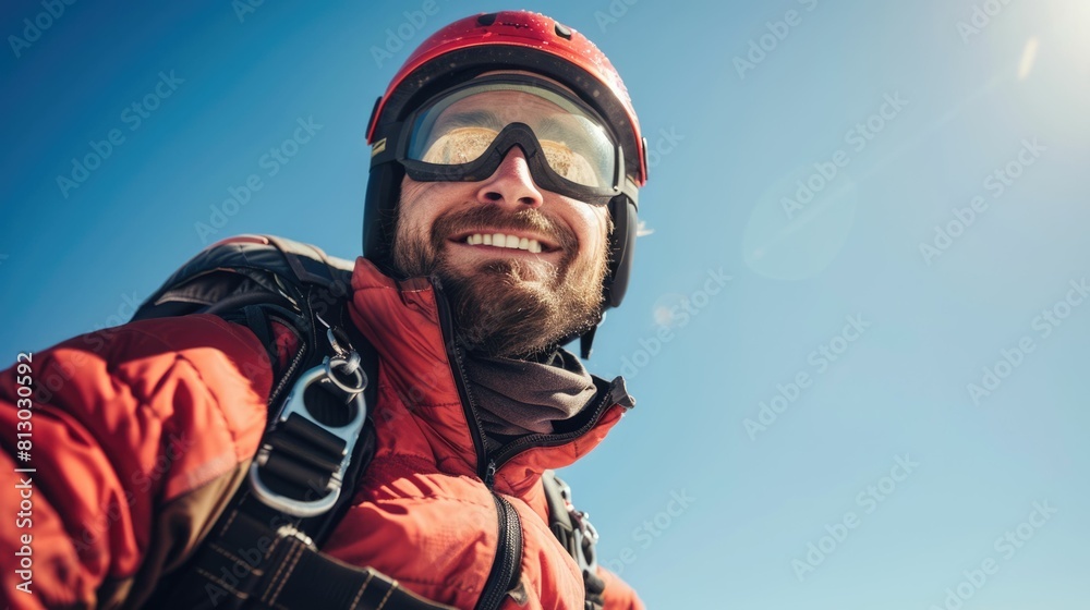 The picture of the professional skydiver wearing goggle doing skydiving ...