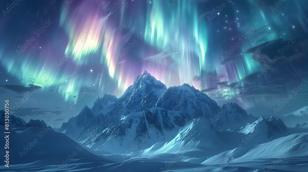 Vivid Northern Lights Dance Over Snow Capped Mountains in Mesmerizing Winter Landscape   Photo Realistic Aurora Concept on Adobe Stock