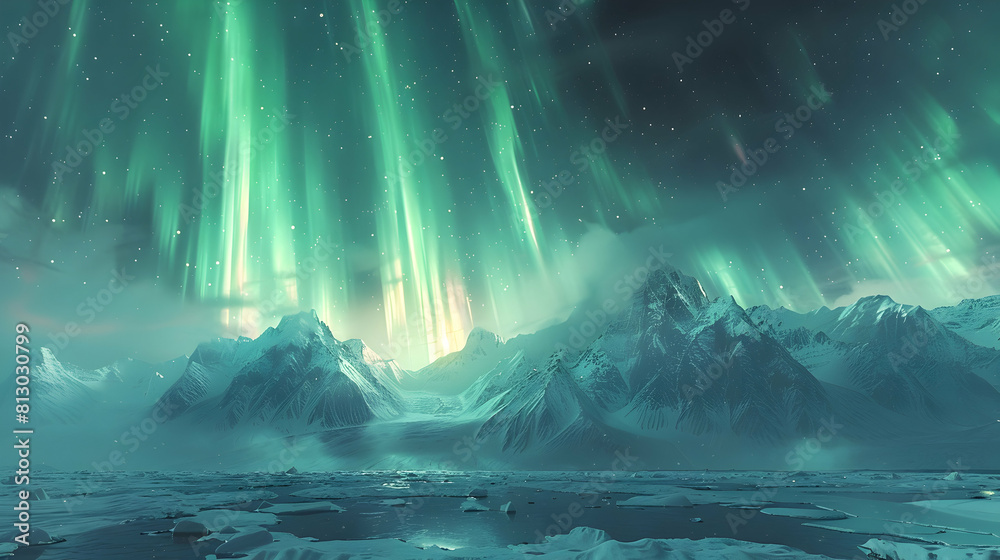 Northern Lights Dance Over Snowy Peaks: Mesmerizing Winter Landscape with Vivid Aurora Photo Stock Concept Northern Lights Dance Over Snowy Peaks: Mesmerizing Winter Landscape with Vivid Aurora Photo Stock Concept