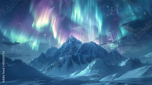 Vivid Northern Lights Dance Over Snow Capped Mountains in Mesmerizing Winter Landscape   Photo Realistic Aurora Concept on Adobe Stock © Gohgah