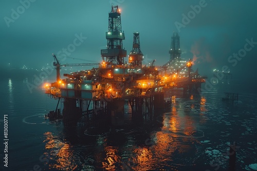A dramatic image featuring an offshore oil rig amidst misty and mysterious atmospheric conditions