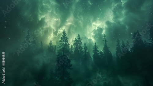 Enchanting Photo realistic Aurora Through the Forest  The northern lights illuminate a forest with ethereal green light  casting an otherworldly glow among the trees. Stormy weathe