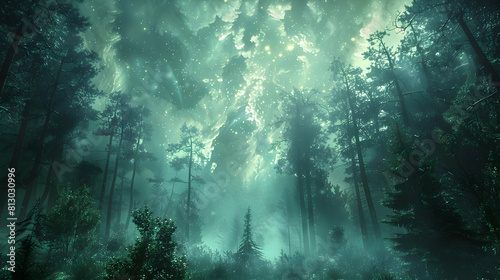 Photo realistic as Aurora Through the Forest concept: The northern lights casting an ethereal green glow, illuminating a mystical forest in an otherworldly display of light and col photo