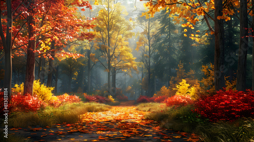 Autumn Tranforms Old Growth Forest into Vibrant Canvas of Colors  Photo Realistic Concept Depicting Deep Reds to Bright Yellows in an Old Growth Forest