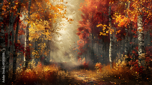 Photo realistic depiction of Autumn Colors in Old Growth Forest, capturing nature s transformation into a canvas of vibrant hues from deep reds to bright yellows Stock Photo Conc