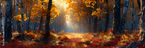 Photo realistic image capturing Autumn Colors transforming an old growth forest into a canvas of vibrant colors ranging from deep reds to bright yellows   Stock Photo Concept photo