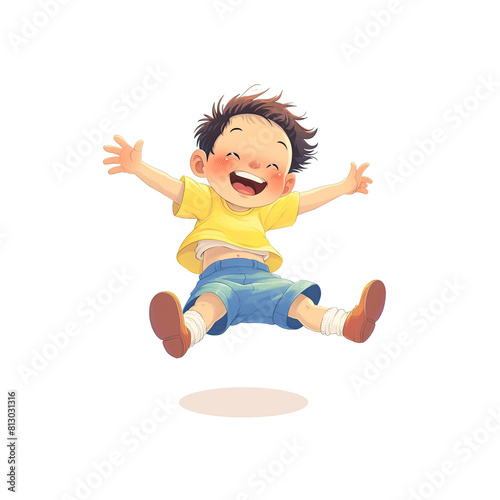 Cute Little Boy Jumping For Joy His Laught, Cartoon Illustration photo