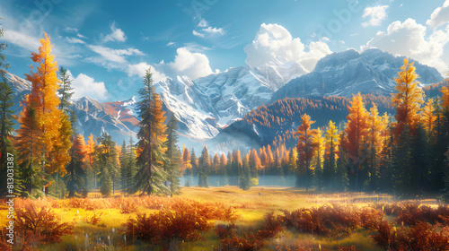 Vibrant Autumn Colors Blanketing Alpine Meadow, Creating Striking Mountain Backdrop Photo Realistic Concept in Adobe Stock