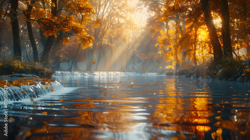 Capturing the Beauty of Autumn  A Photo Realistic River Run with Colorful Trees Reflecting the Spectrum of Fall Hues  Enhancing the Tranquil Flow of Water   Adobe Stock Concept