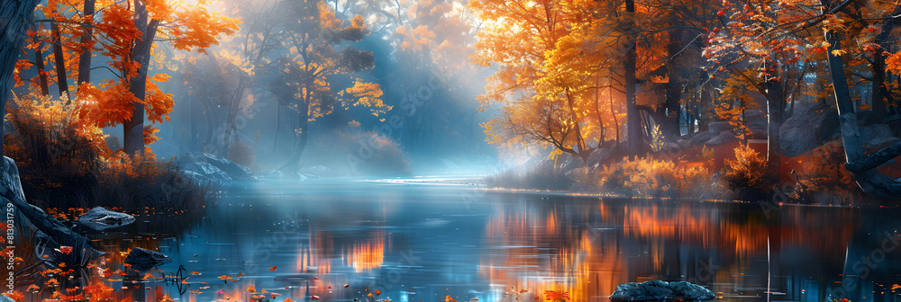 Fall Foliage Serenity: A picturesque river scene showcasing vibrant autumn colors reflected in the tranquil water