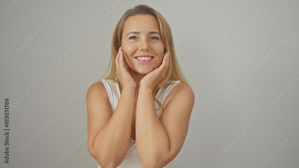 Fototapeta premium Portrait of a smiling young adult blonde woman isolated on a white background, looking happy and beautiful.