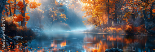 Fall Foliage Serenity: A picturesque river scene showcasing vibrant autumn colors reflected in the tranquil water