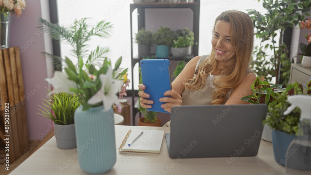 Blonde woman using tablet to photograph plants in an indoor flower shop. Blonde woman using tablet to photograph plants in an indoor flower shop.