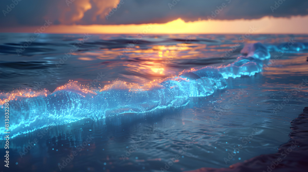 Enchanting Bioluminescent Beach at Dusk: Magical Waves Illuminate the Coastline in a Photo Realistic Twilight Scene