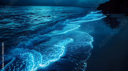 Glowing Bioluminescent Beach at Twilight   Stunningly Realistic Photo Stock Concept of a Transformed Coastal Paradise © Gohgah