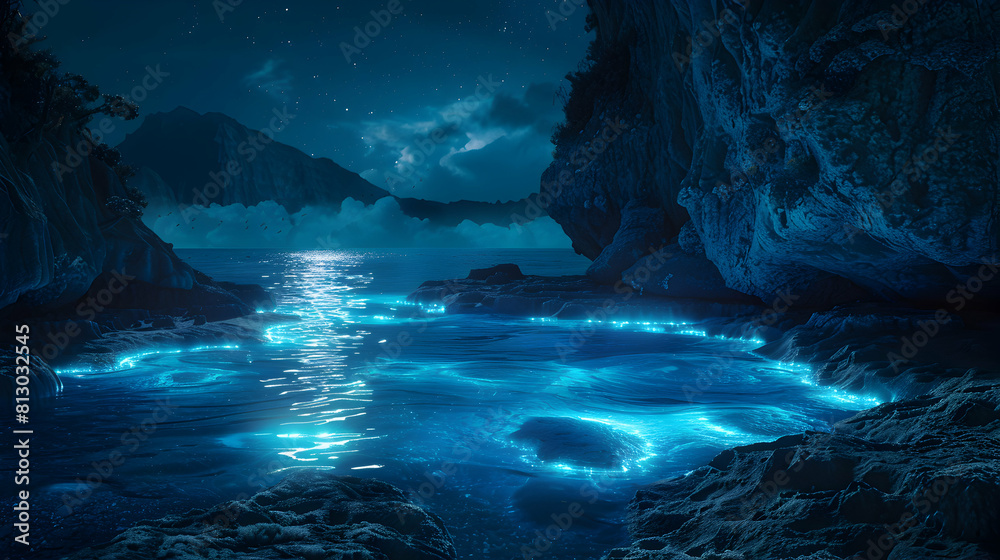 Luminous Bioluminescent Cove: Hidden Paradise with Photo Realistic Waves Lighting up Secluded Cove in Night Stock Photo Concept Luminous Bioluminescent Cove: Hidden Paradise with Photo Realistic Waves Lighting up Secluded Cove in Night Stock Photo Concept