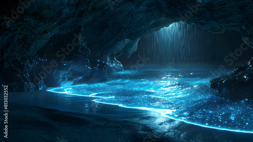 Enchanting Bioluminescent Cove: A Hidden Paradise Illuminated by Luminous Blue Waves Photo Stock Concept