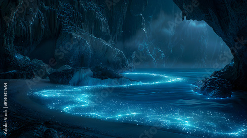 Enchanting Bioluminescent Cove: Hidden Paradise Aglow with Luminous Waves   Photo Realistic © Gohgah