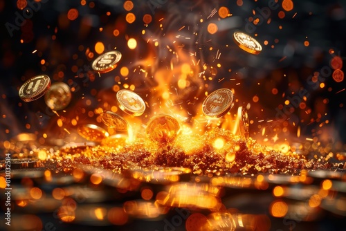 The dynamic scene depicts coins bursting into flames  suggesting the volatile nature of wealth and finance