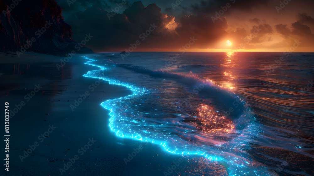 Enchanting Bioluminescent Shoreline at Moonrise: Waves Casting Radiant Light on Beach in Photo Stock Concept
