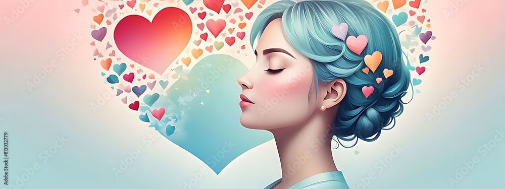 3d illustration of mental health day human profile and heart with icons, copy space 3d illustration of mental health day human profile and heart with icons, copy space