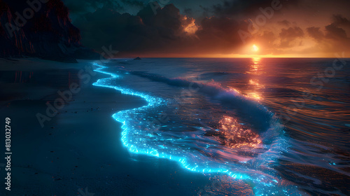 Enchanting Bioluminescent Shoreline at Moonrise: Waves Casting Radiant Light on Beach in Photo Stock Concept