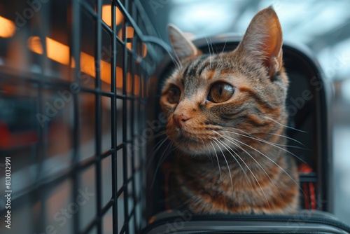 A striped tabby cat looks out curiously from inside a travel carrier with an alert expression