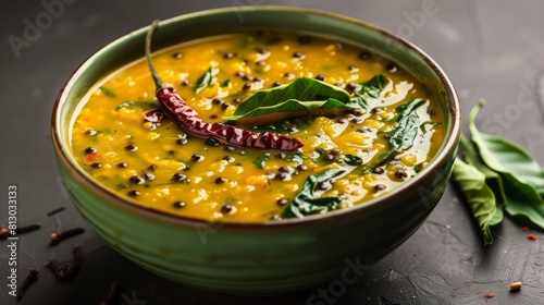 A bowl of Basale Soppu Sambar (Malabar spinach sambar), a traditional South Indian stew known for its vibrant color and fragrant spices. photo